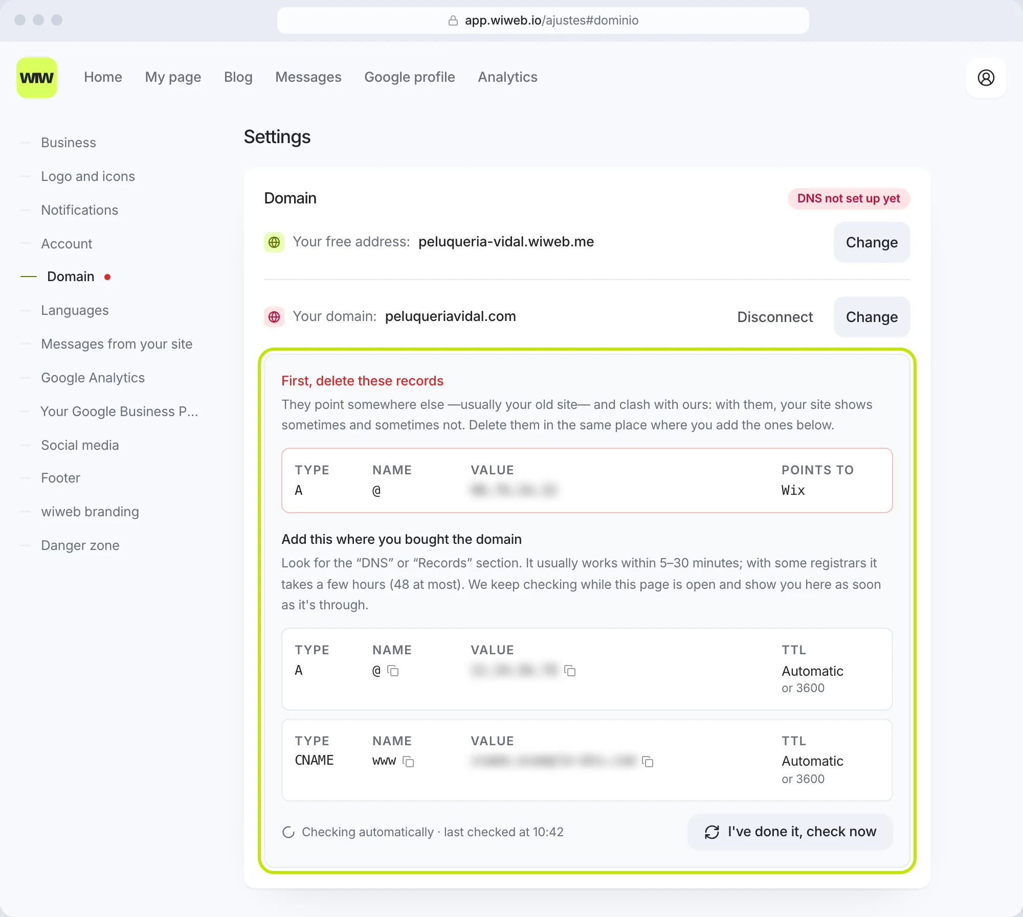 The Domain card in Settings: at the top, a record that has to be deleted; below, the DNS records to add and the “I've done it, check now” button