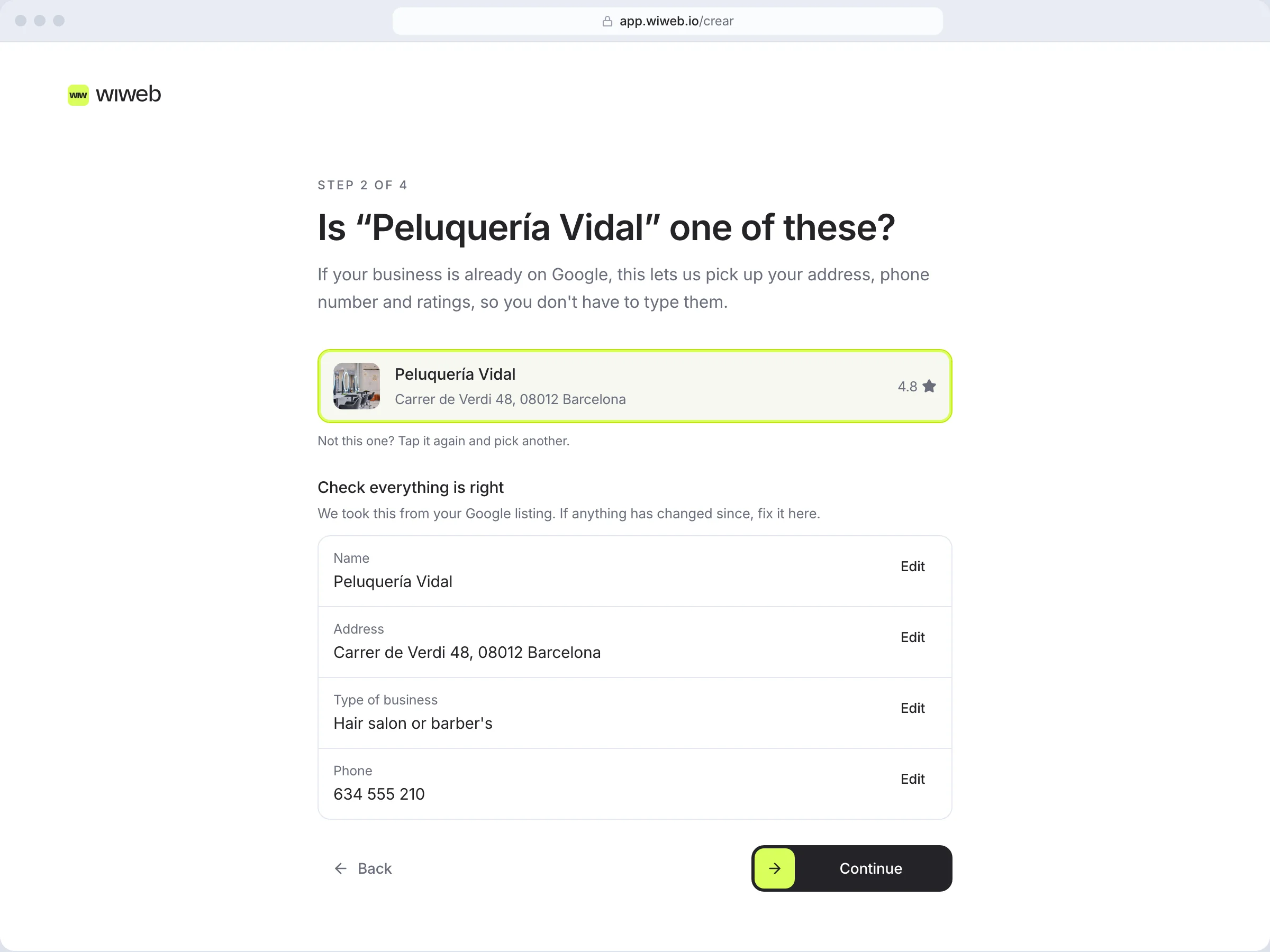 The “Is “Peluquería Vidal” one of these?” screen with one profile chosen and, underneath, “Check everything is right” with the name, address, type of business and phone number