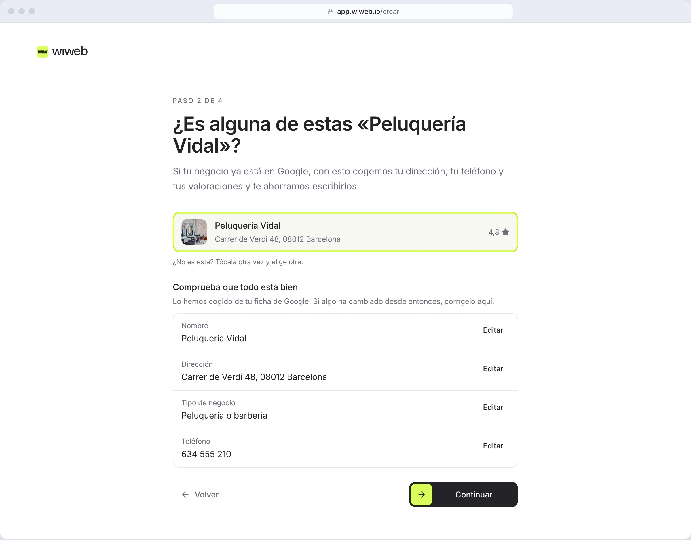 La pantalla «¿Es alguna de estas «Peluquería Vidal»?» con una ficha elegida y, debajo, «Comprueba que todo está bien» con el nombre, la dirección, el tipo de negocio y el teléfono