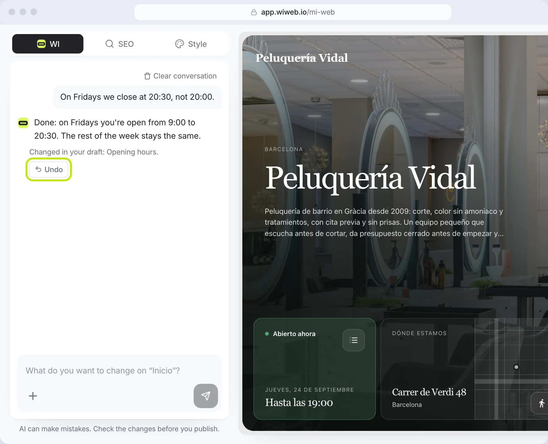 The editor's “WI” tab: the conversation on the left, with a change made and its “Undo” button, and the site on the right