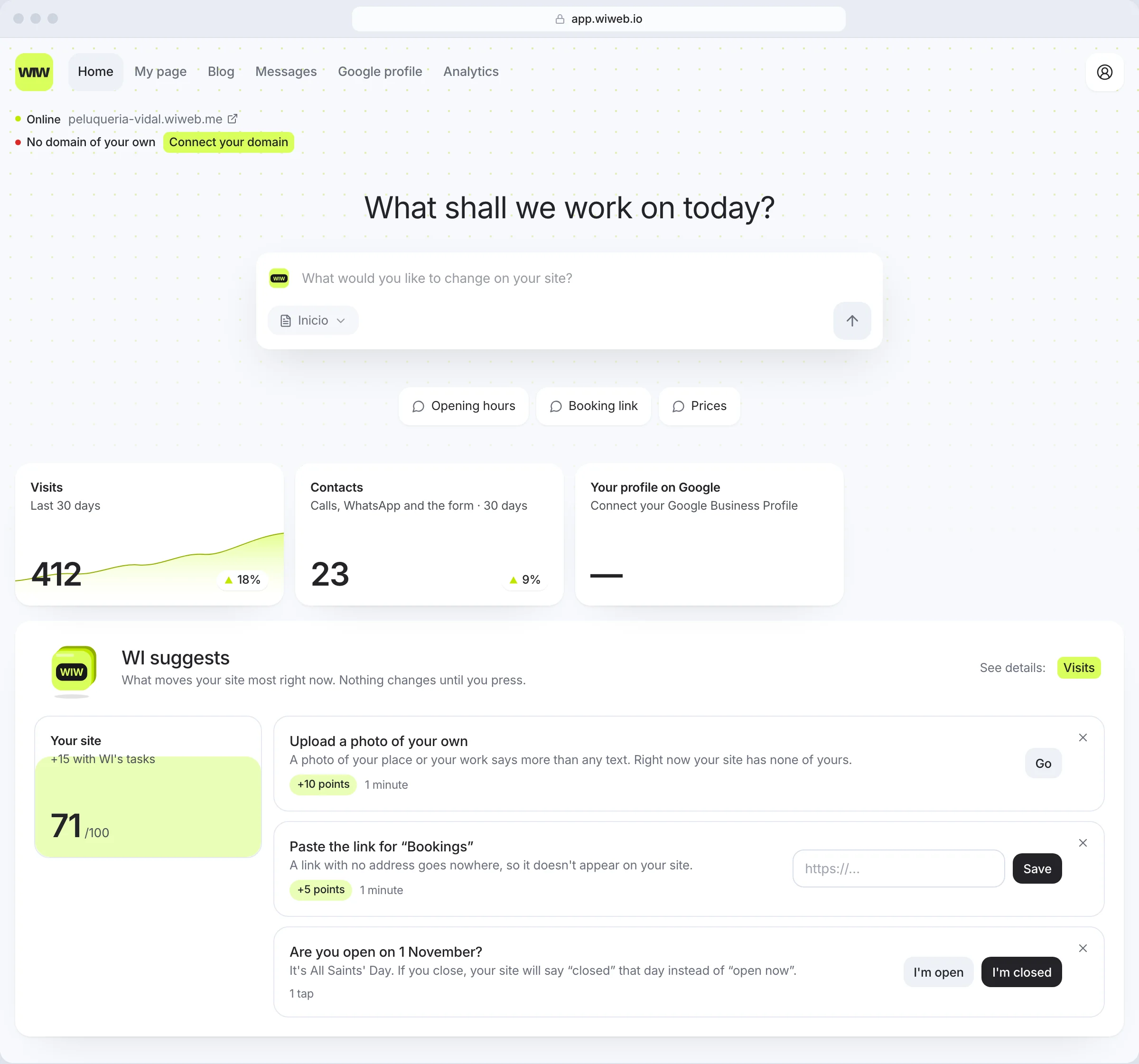 The Home screen: your site's status at the top left, the “What would you like to change on your site?” box, three figures and “WI suggests” underneath
