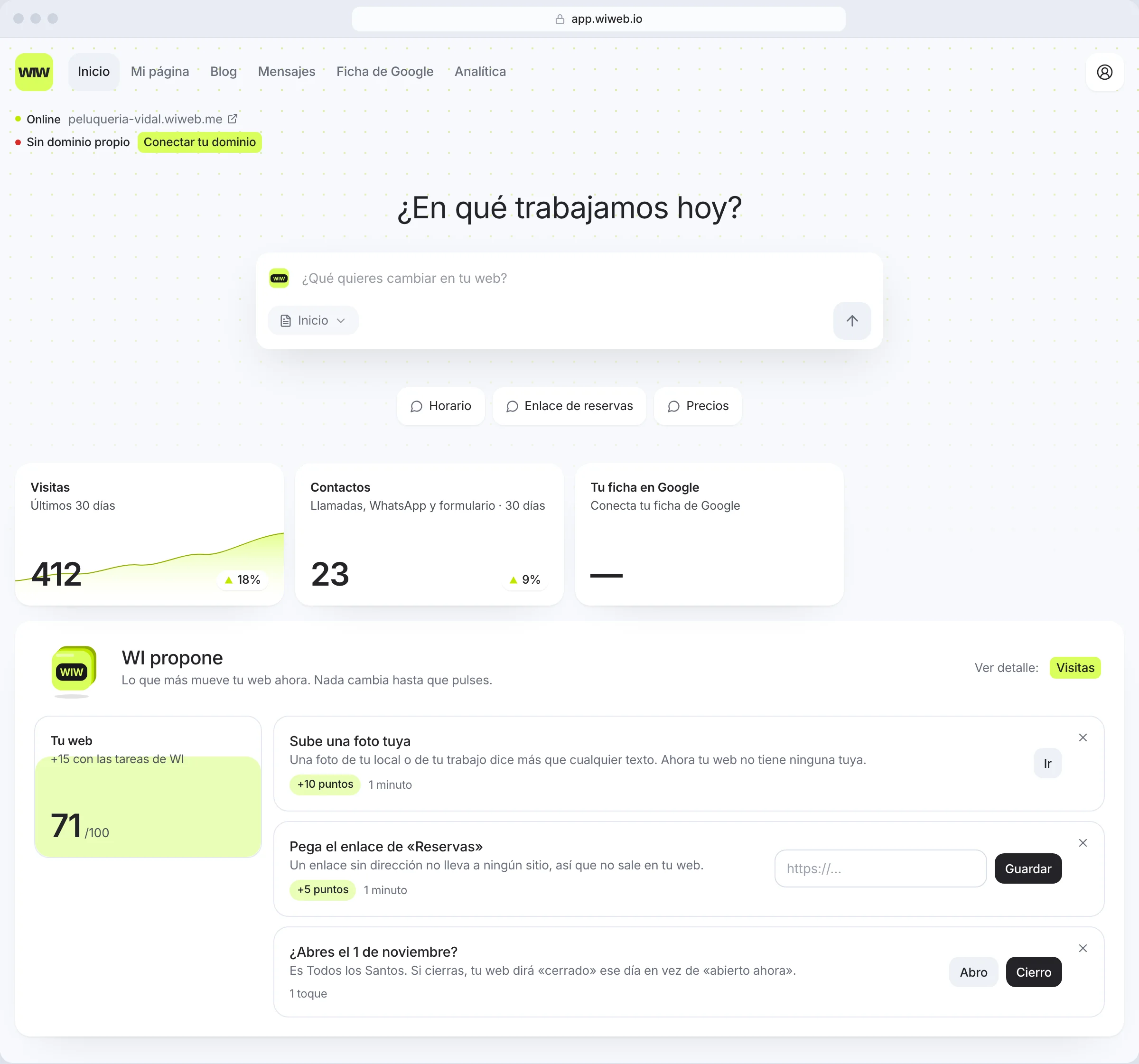 La pantalla de Inicio: el estado de tu web arriba a la izquierda, la caja «¿Qué quieres cambiar en tu web?», tres cifras y «WI propone» debajo