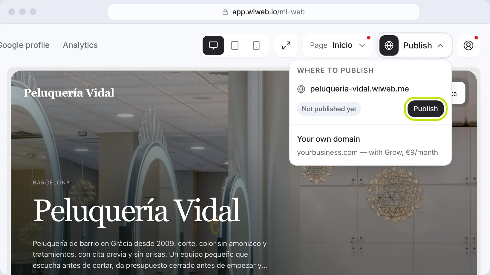 The “Where to publish” menu, with the free address yourbusiness.wiweb.me and the “Your own domain” row underneath