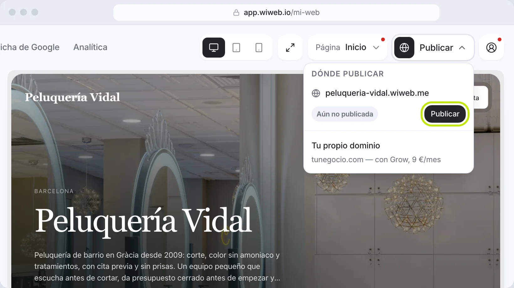 El menú «Dónde publicar», con la dirección gratuita tunegocio.wiweb.me y la fila «Tu propio dominio» debajo