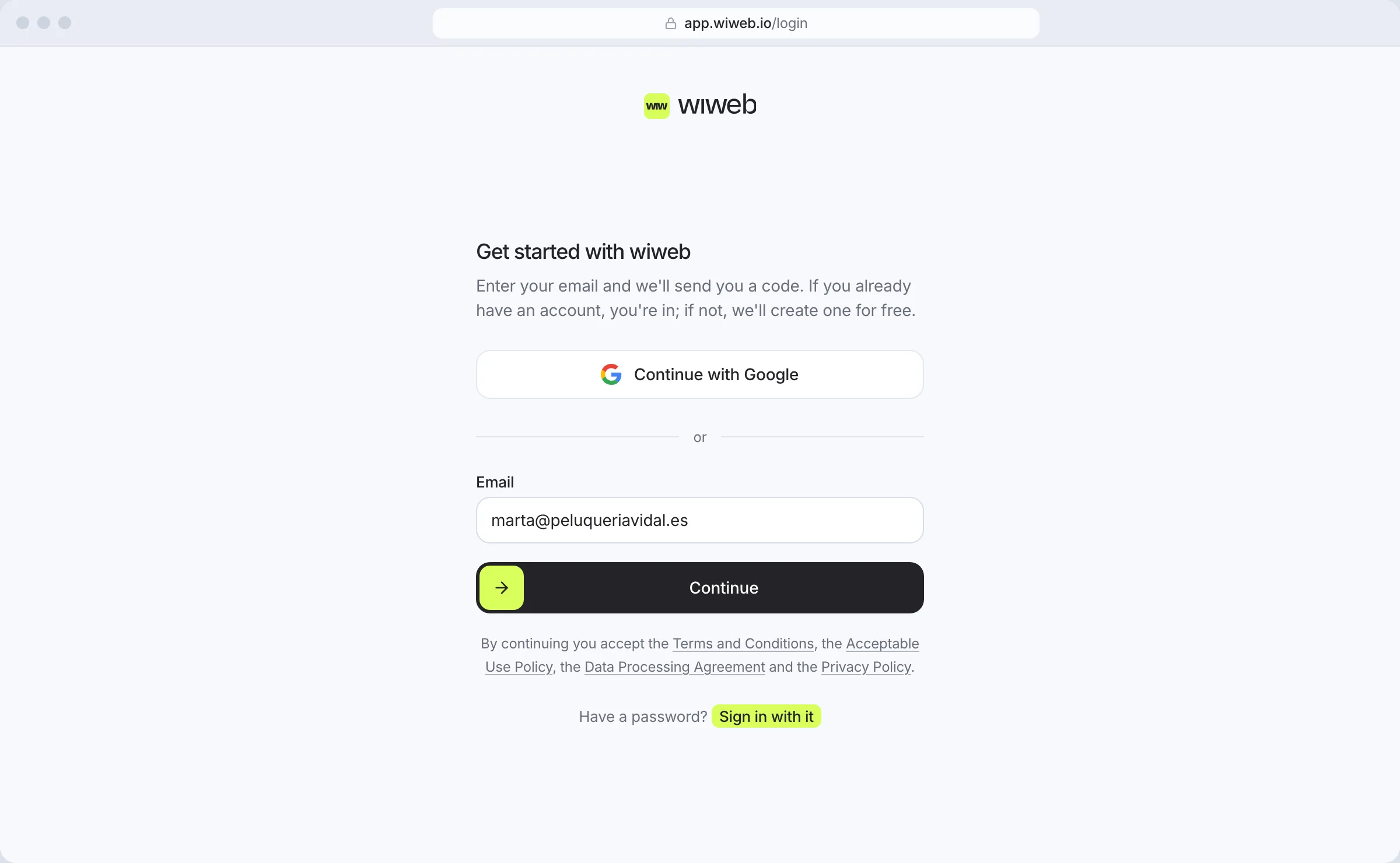 The wiweb “Get started with wiweb” screen, with the “Continue with Google” button, the email field and the “Continue” button