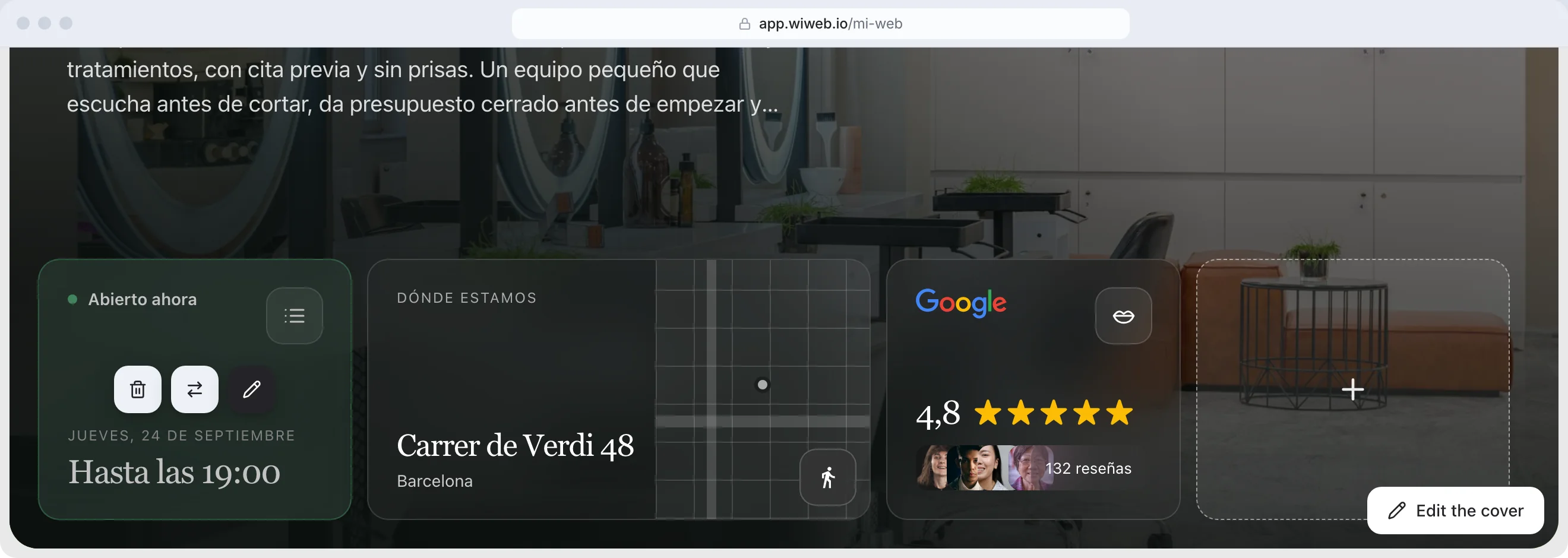 A widget with its three buttons —bin, “Swap” and pencil—; at the end of the row, the “+” block to add another; and the cover outlined, with “Edit the cover” at the bottom right