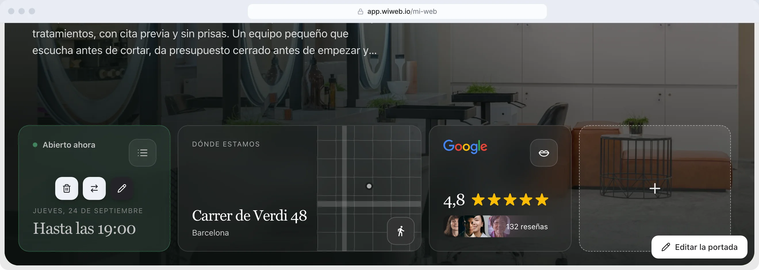 Un widget con sus tres botones —papelera, «Cambiar» y lápiz—; al final de la fila, el bloque «+» para añadir otro; y la portada marcada, con «Editar la portada» abajo a la derecha
