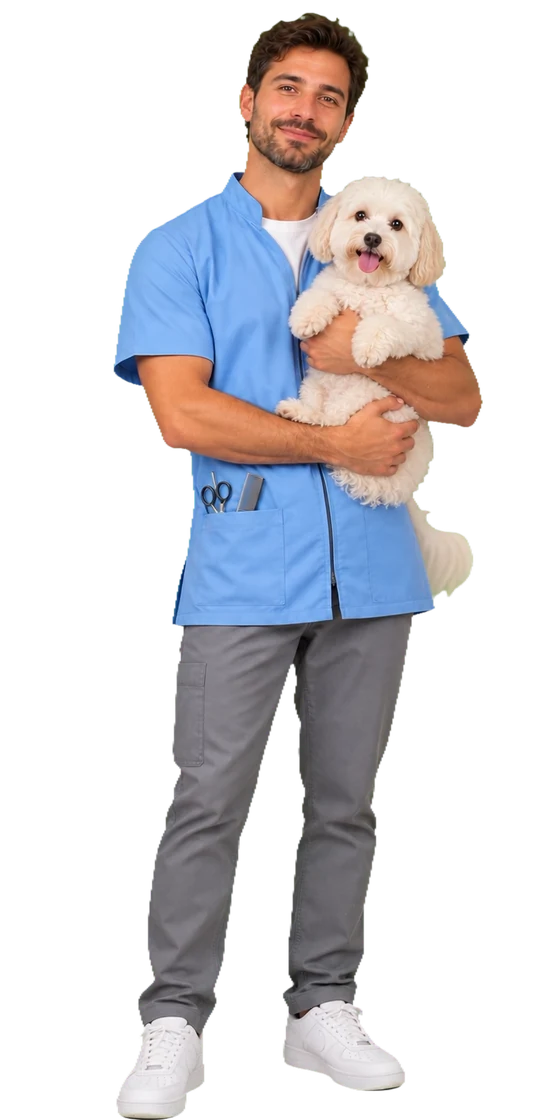 3D character: a dog groomer holding a dog