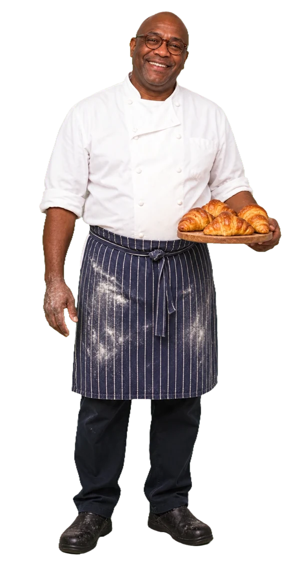 3D character: a baker with a tray of croissants